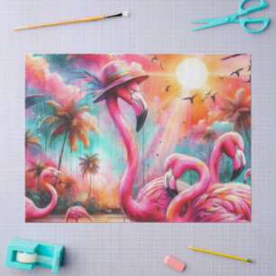 Papel De Seda Flamingos Rosa Tropical Palm Árvores Palm Descamaç