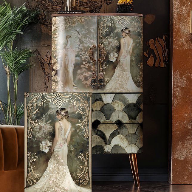 Papel De Seda Flapper Elegante e Floral romântico de 1920 (Elegant Flapper, Art Deco, Cherry Blossoms, 1920's Vintage Portrait Tissue Paper)