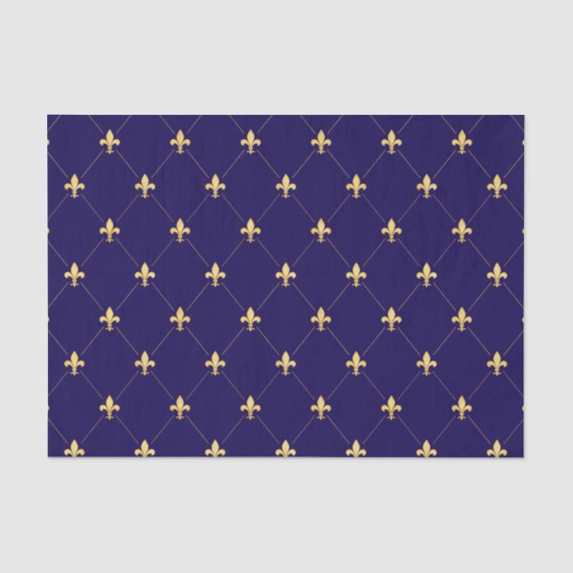 Papel De Seda Fleur-de-Lis Dourada Azul Meia-Noite (Frente )