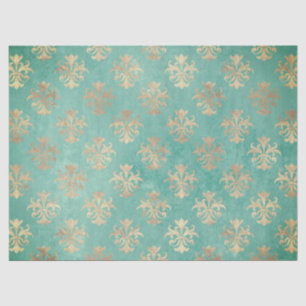 Papel De Seda Fleur de lis gold e teal green vintage patina