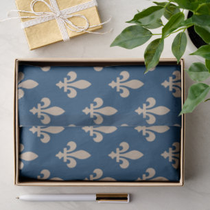 Papel De Seda Fleur de Lis Pattern, Royal French, Cream on Blue