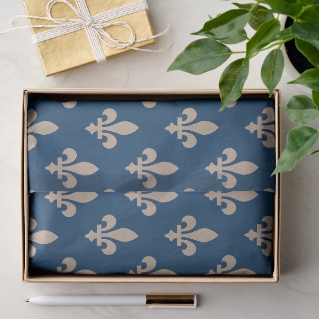 Papel De Seda Fleur de Lis Pattern, Royal French, Cream on Blue (Presente)