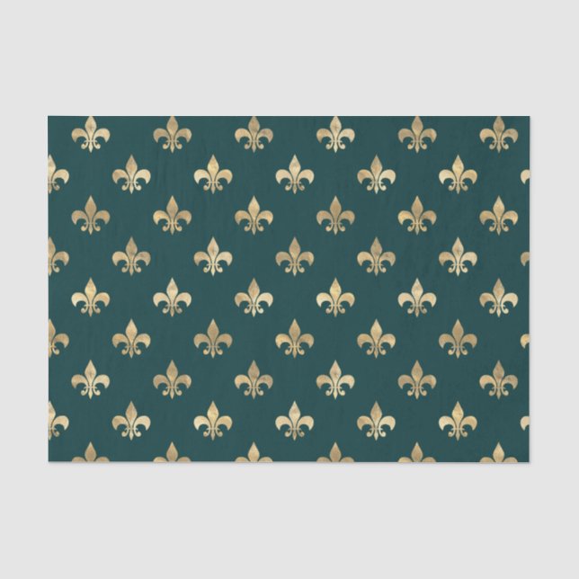 Papel De Seda Fleur-de-lis Turquesa e Dourado (Frente )