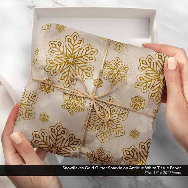 Papel De Seda Flocos de neve com brilho Dourado no branco antigo (Snowflakes Gold Glitter Sparkle on Antique White Tissue Paper)