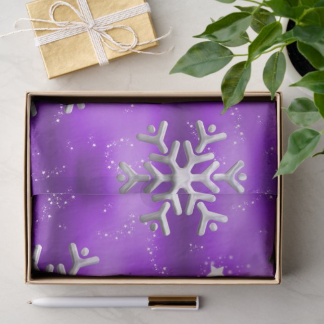 Papel De Seda Flocos de neve de Natal e estrelas em roxo (Presente)