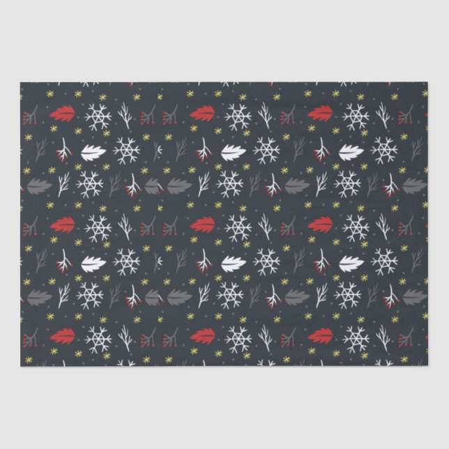 Papel De Seda Flocos de neve de Natal e folhas com fundo preto (Frente )