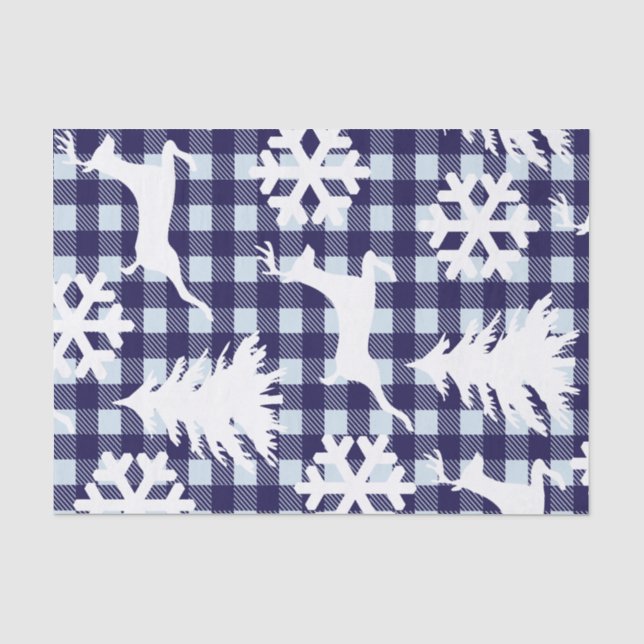Papel De Seda Flocos de neve e árvores de cervo branco de Xadrez (Frente )