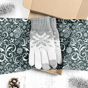 Papel De Seda Flocos de Neve e Espirais Verde Escuro Natal