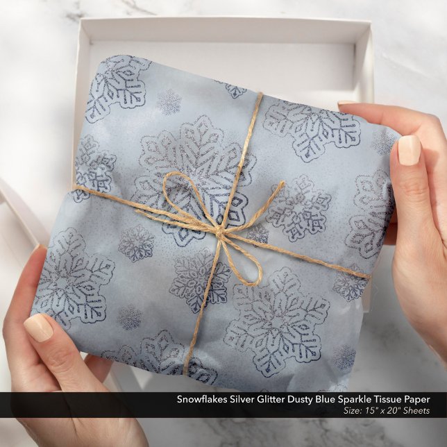 Papel De Seda Flocos de neve Prateado Brilho Azul Dusty (Snowflakes Silver Glitter Dusty Blue Sparkle Tissue Paper)