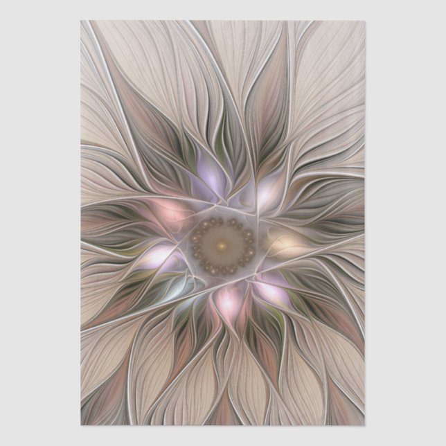 Papel De Seda Flor Abstrata Alegre Bege Marrom Fractal Floral (Frente )