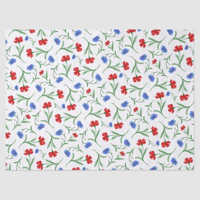 Papel De Seda Flor Azul Branco Vermelho Padrão Floral Elegante F (Frente )