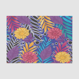 Papel De Seda flor colorida e padrão de folhas em uma base azul