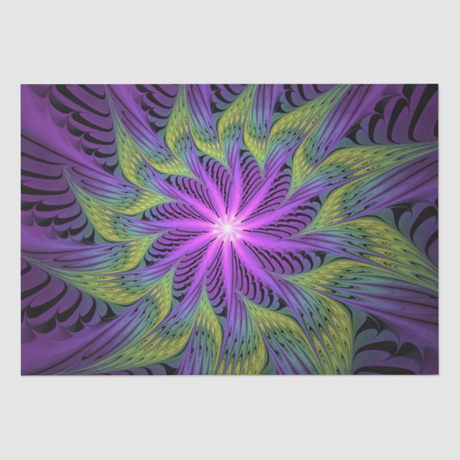 Papel De Seda Flor de Arte Fractal Abstrata Moderna Roxa Verde (Frente )