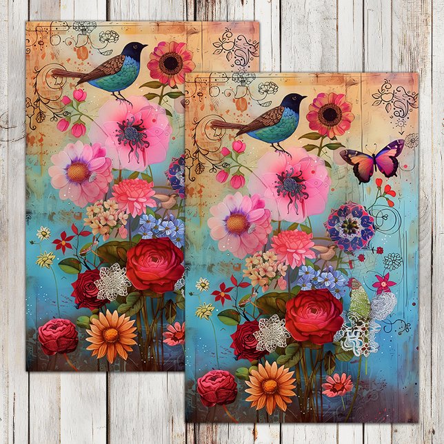 PAPEL DE SEDA FLOR DE BOHO E DECOUPAGE DE PÁSSARO (BOHO FLOWERS AND BIRD DECOUPAGE TISSUE PAPER)