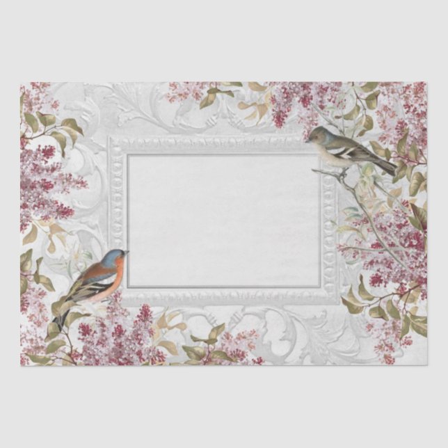 Papel De Seda Flor de Lilás Pássaro Francês Moldura Ornamentada  (Frente )