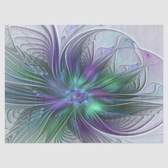Papel De Seda Flor Moderna Abstrata Fractal Roxa Verde (Frente )