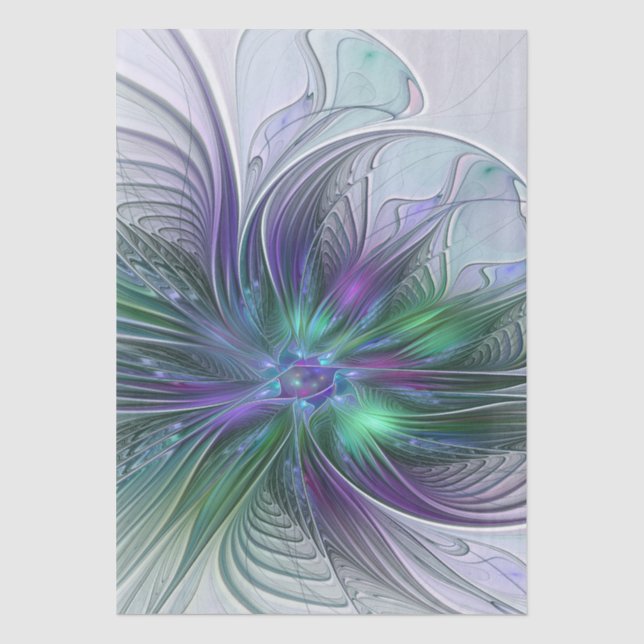 Papel De Seda Flor Moderna Abstrata Fractal Roxa Verde (Frente )