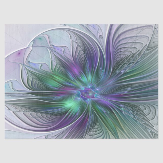 Papel De Seda Flor Moderna Abstrata Fractal Roxa Verde (Frente )