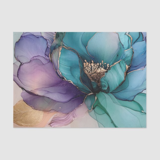 Papel De Seda Flor Ouro Azul Água-Marinha Roxa (Frente )