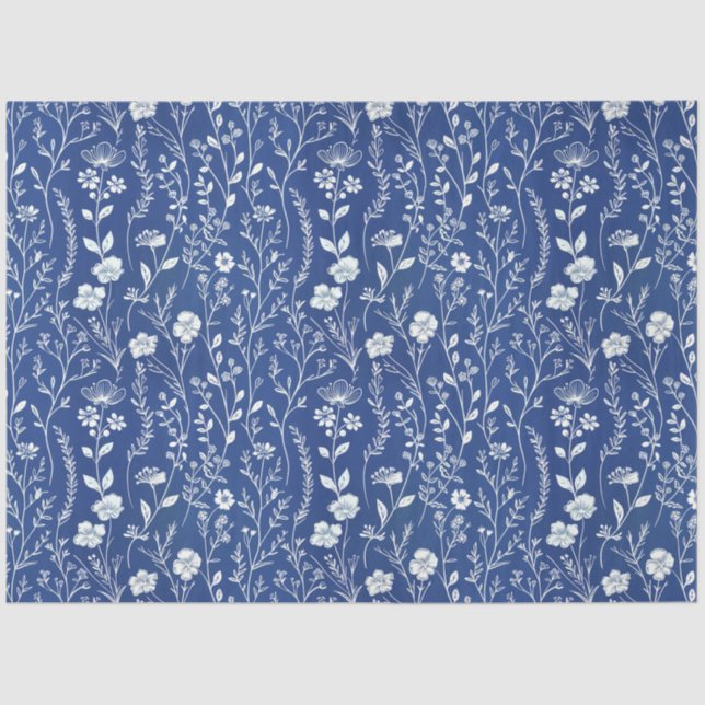 Papel De Seda Flor Selvagem de Chinoiserie Azul e Branco (Frente )