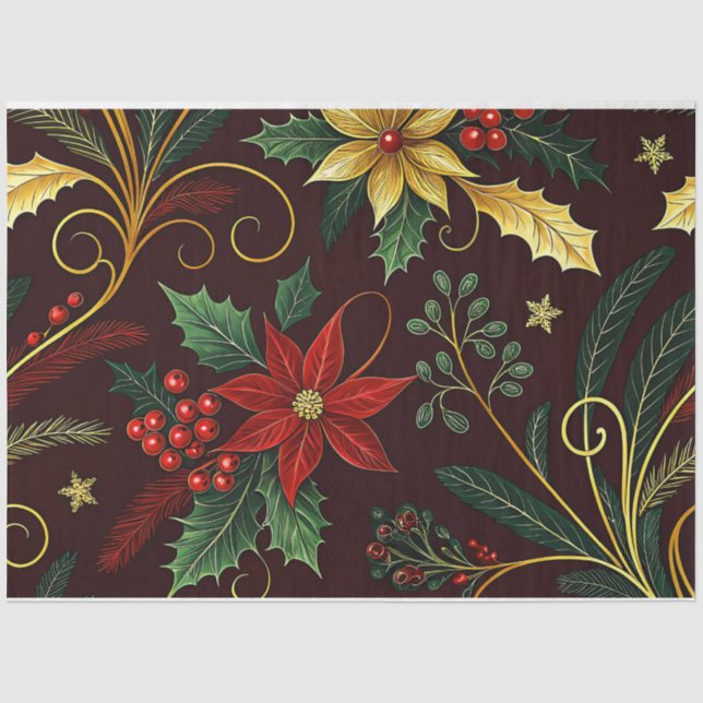 Papel De Seda Florais de Natal Vermelho Dourado Verde Decoupage  (Frente )