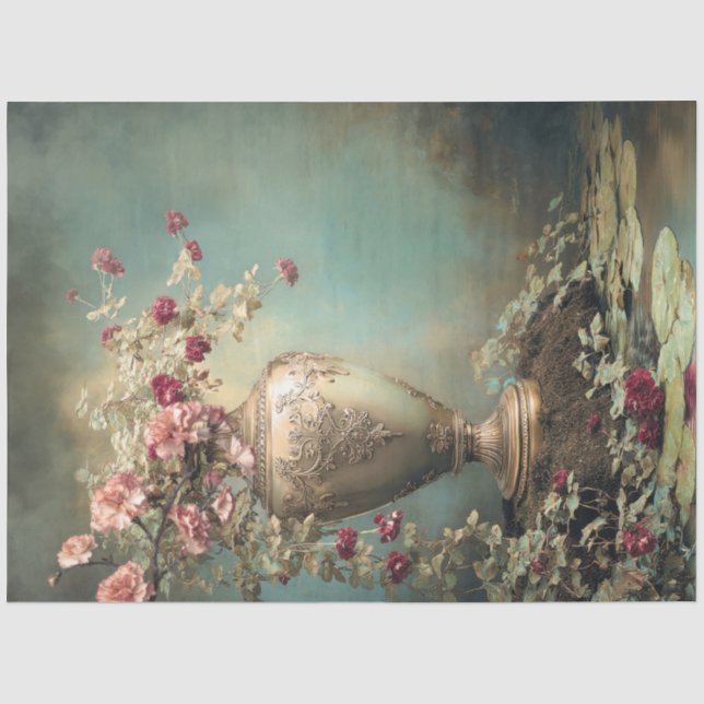 Papel De Seda Florais Românticos, Vaso Barroco Verde Salvia (Frente )