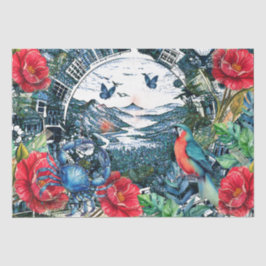 Papel De Seda Florais Tropicais Cênicos Papagaio & Borboletas
