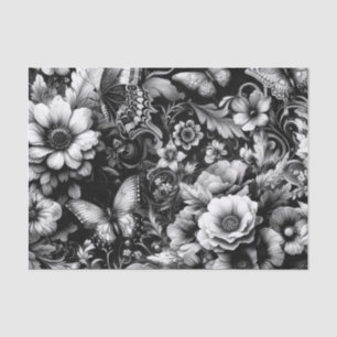 Papel De Seda Floral Antiquado Monocromático com Borboletas