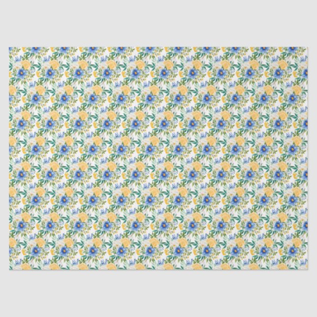 Papel De Seda Floral Azul e Amarelo  (Frente )