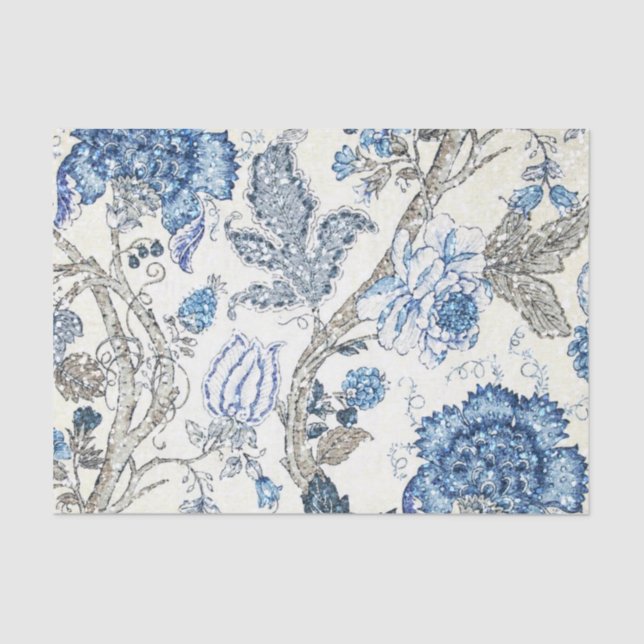 Papel De Seda Floral azul Glittery no branco do inverno (Frente )