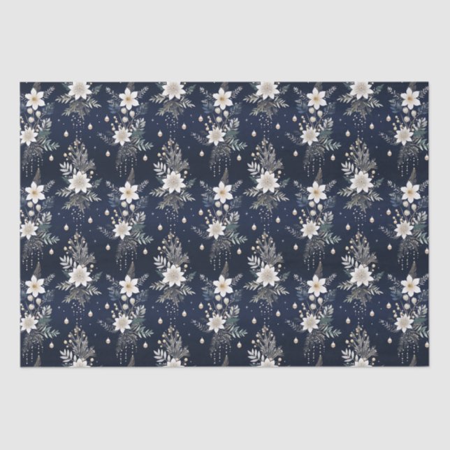 Papel De Seda Floral Azul-Marinho Elegante (Frente )