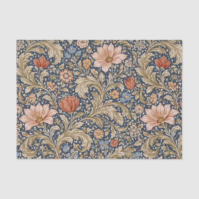 Papel De Seda Floral Azul Marinho Vintage (Frente )