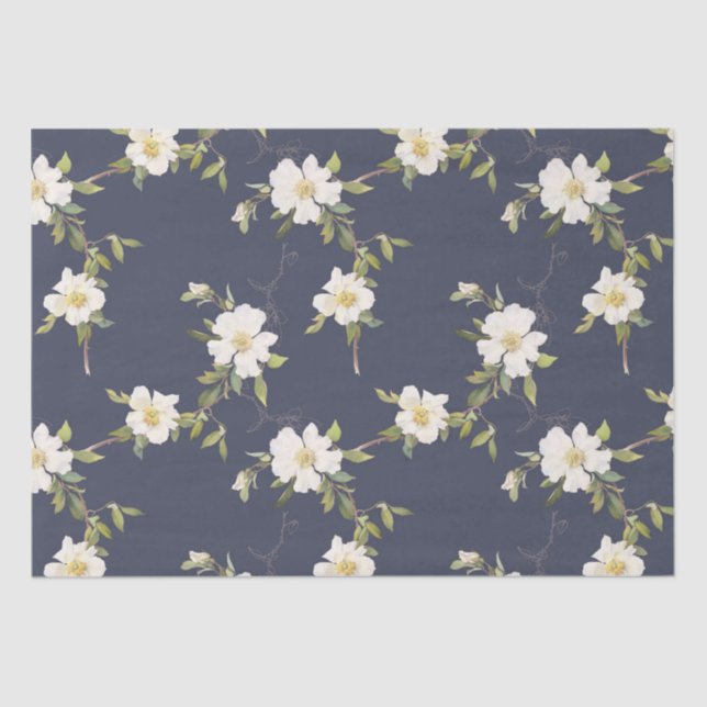 Papel De Seda Floral Branco Azul marinho (Frente )
