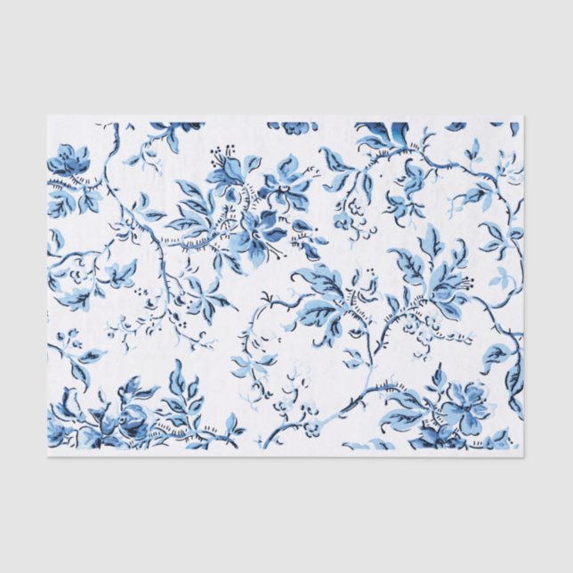 Papel De Seda Floral Branco e Azul Delft Elegante (Frente )