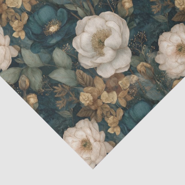 Papel De Seda Floral Clássico de Natal Verde Escuro e Branco (Detalhes)