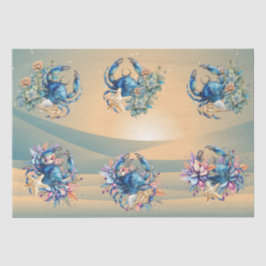 Papel De Seda Floral Costeiro de Praia Caranguejo Azul e Conchas