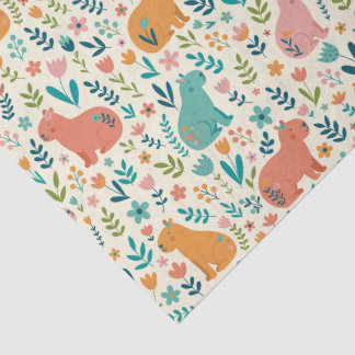 Papel de Seda Floral de Capivara Desenhado à Mão