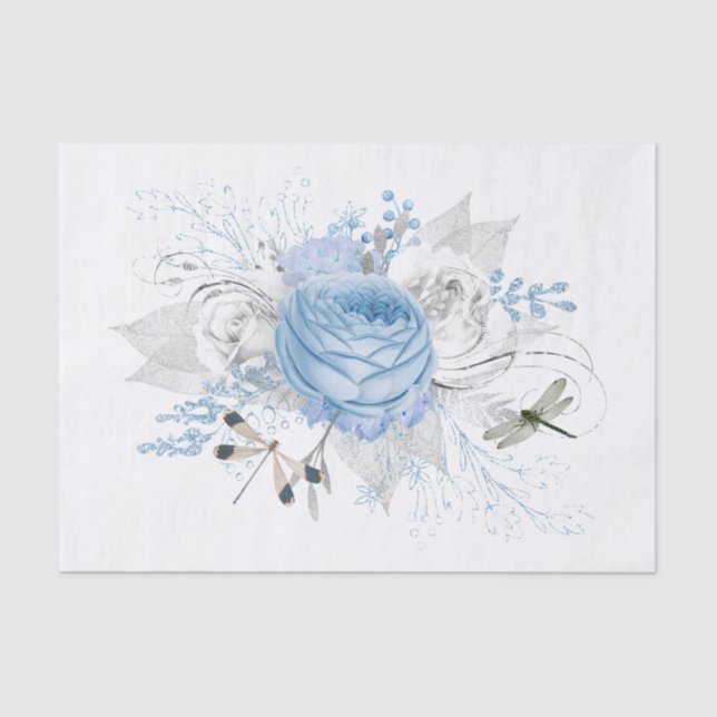 Papel De Seda Floral de Dragonfly Azul Elegante (Frente )