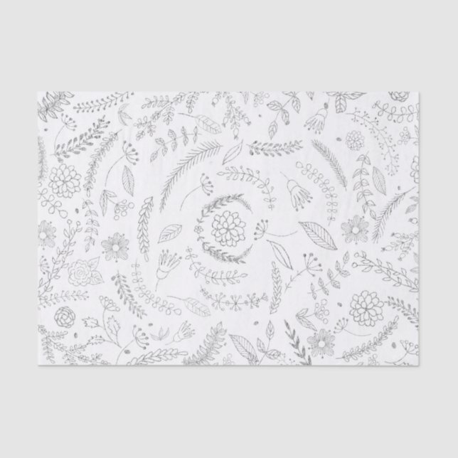 Papel De Seda Floral de Glama Botânica de Prata e Branco (Frente )