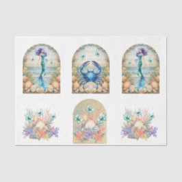 Papel De Seda Floral de Mermaid Pastel Praia e Conchas Decoupage