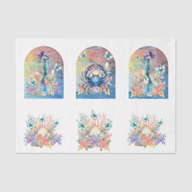 Papel De Seda Floral de Mermaids e Conchas em Tons Pastel Decoup (Frente )
