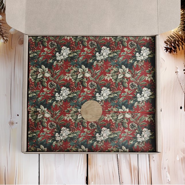 Papel De Seda Floral de Natal Tradicional Vermelho e Pinecone (Criador carregado)