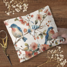 Floral de Pássaro Azul em Aquarela Vintage