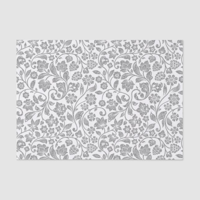 Papel De Seda Floral de prata Glittery no branco (Frente )