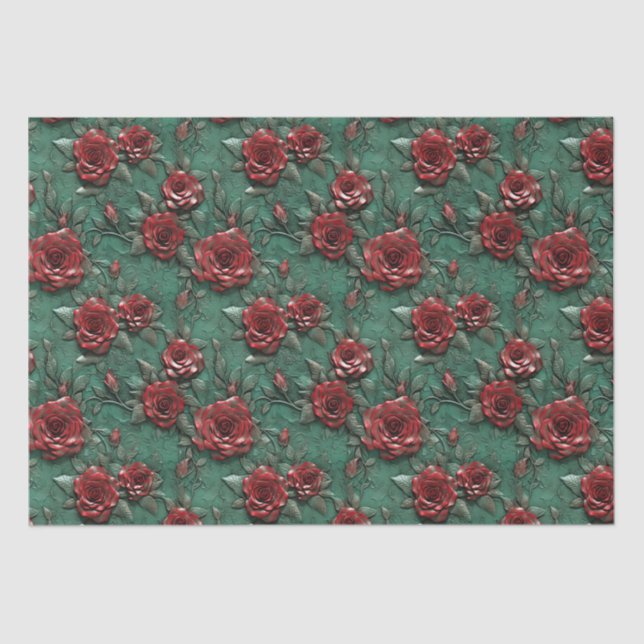 Papel De Seda Floral de Rosas vermelhas Verdes (Frente )