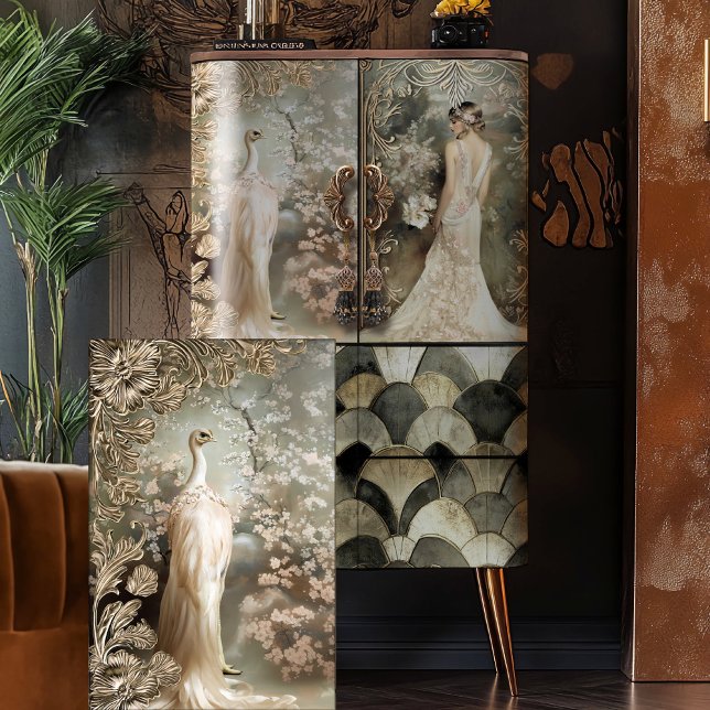 Papel De Seda Floral decorativo de arte eetérea branca-avestruz (White Ostrich, Ethereal Floral, Nouveau, 1920's Vintage, Decoupage Tissue Paper.)