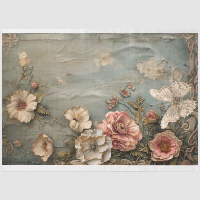 Papel De Seda Floral Desgastada, Borboleta de Renda, Azul e Rosa (Frente )