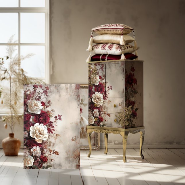 Papel De Seda Floral Desgastada, Elegância Francesa, Rosas & Peô (Burgundy Red & Beige White, Romantic, Shabby Chic, Roses & Peony, Tattered Floral, Decoupage Paper)