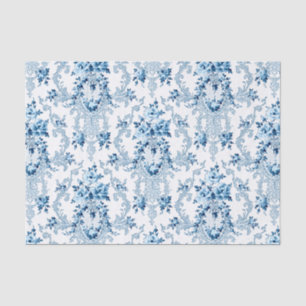 Papel De Seda Floral do Rococo Francês Branco e Azul