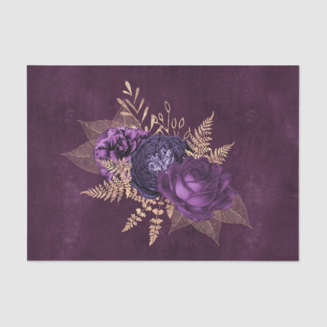 Papel De Seda Floral Dourado Roxo Rústico (Frente )